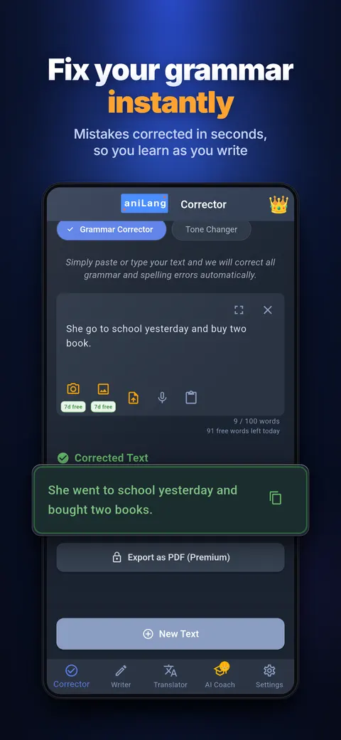 Grammar Corrector screen turning “She go to school yesterday” into a corrected sentence