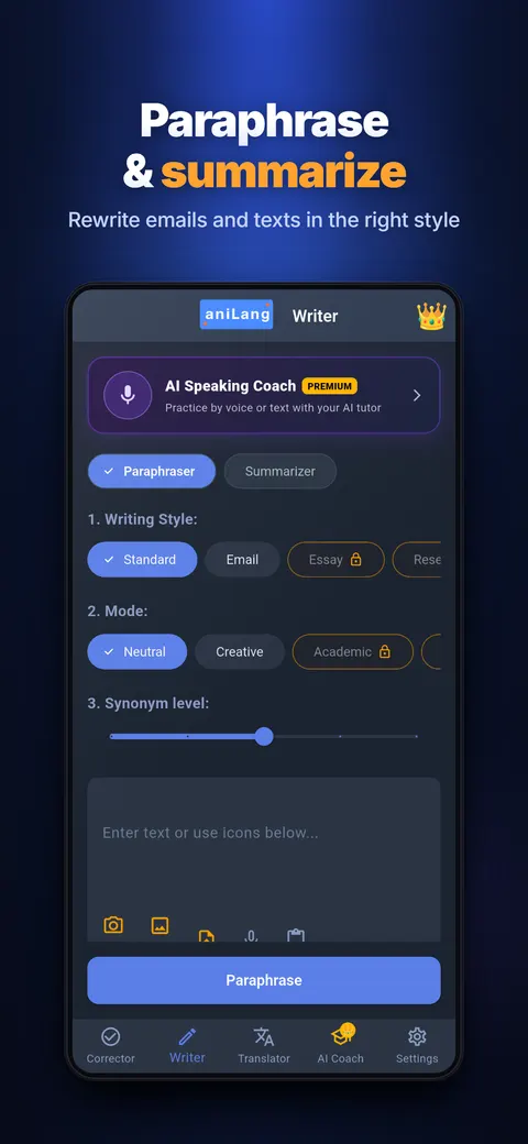 Writer screen with Paraphraser and Summarizer, writing styles and modes