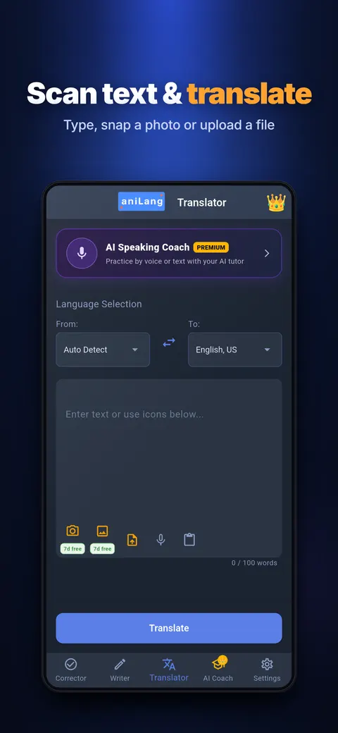 Translator screen with automatic language detection, camera and photo input